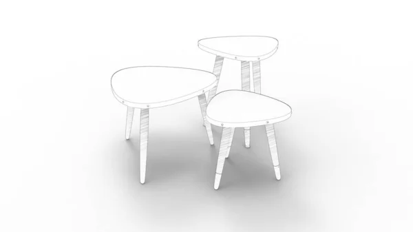 3d rendering of three sketched coffee tables isolated in white background — Stock Photo, Image