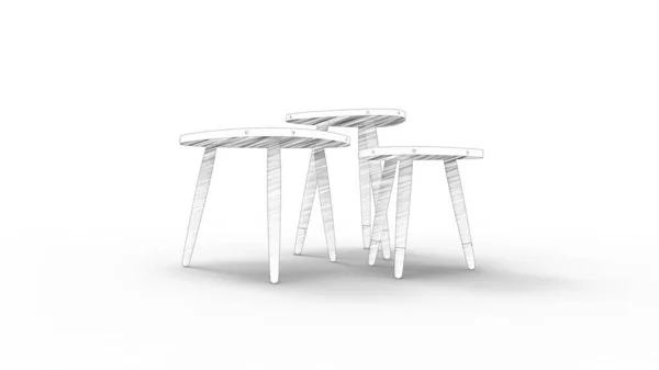 3d rendering of three sketched coffee tables isolated in white background — Stock Photo, Image