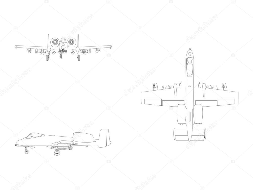 Vector line illustration of a combat fighter airplane isolated on white