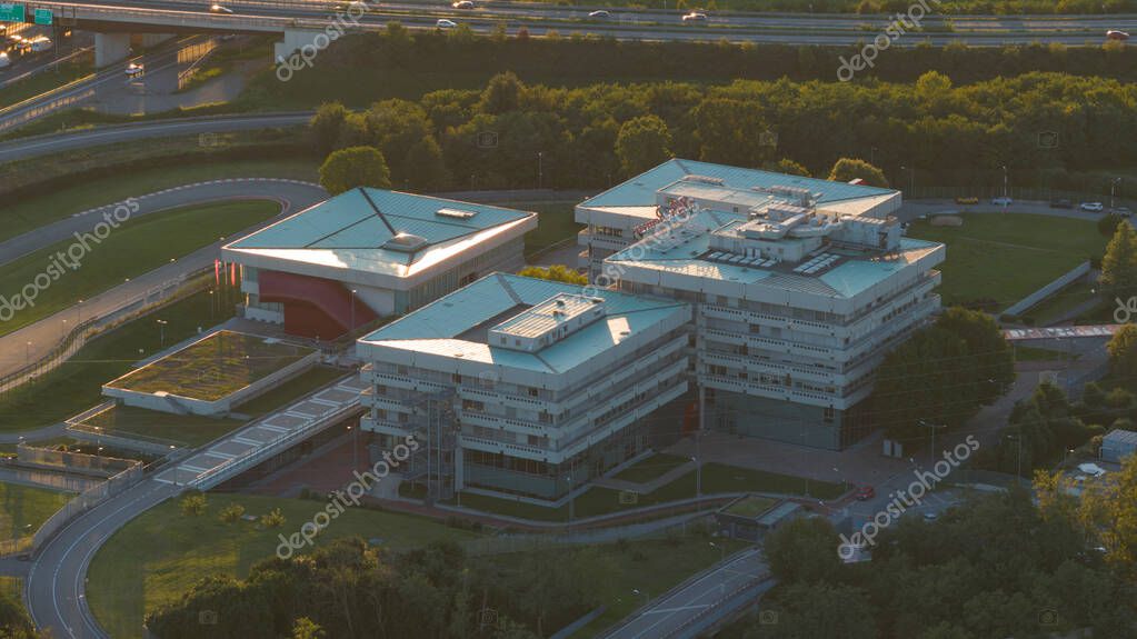 Milan, Province of Lombardy, Italy, September, 5, 2025: Alfa Romeo Museum. Car brand. displaying a permanent collection of Alfa Romeo cars and engines. Aerial view.