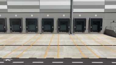 Yükleme ve boşaltma için kamyon iskelesi lojistik deposu boş uzay kapısı. Hava görünümü.