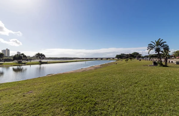 Morning View Green Lawn Blue Lagoon Estuary Blue Cloudy Coastal — Stock Photo, Image