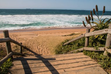 Sahile giden ahşap yol doğal bitki örtüsüyle çevrili.