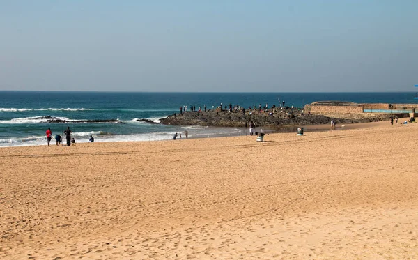 Pescadores Que Pescan Fuera Afloramiento Rocas Costa Sur Durban — Foto de Stock