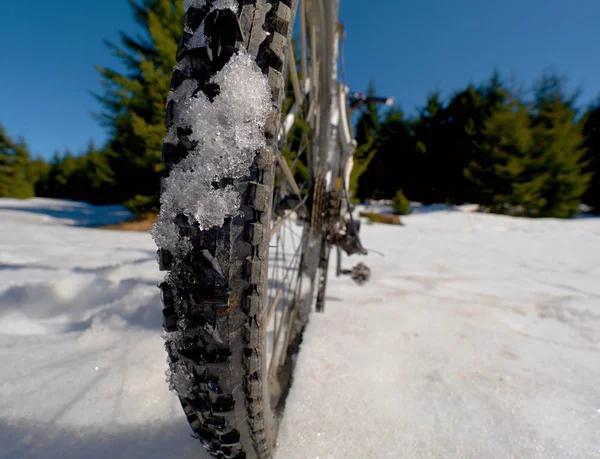 Mountainbike Verblijf Sneeuw Scherpe Zon Blauwe Hemel Winter Fiets Uitbuiting — Stockfoto