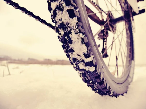 田舎の雪に覆われた草原でマウンテン バイクの後輪のクローズ アップ マウンテン バイクの詳細です 極端なスポーツの背景 極端なスポーツ ライフ スタイルのコンセプト — ストック写真