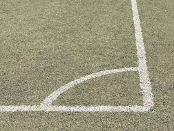 Play field corner, green grass texture of football or soccer field. Marked white corner line background