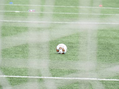 Ayrıntılı bir futbol net ve çim üzerinde bekleyen topu. Futbol gol. Spor arka plan