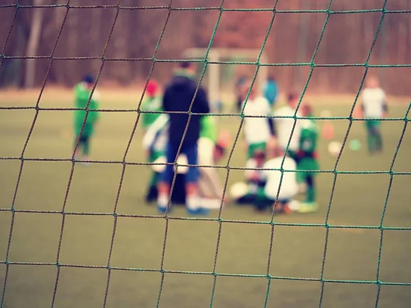 Footballists Stade Arène Terrain Football Déconcentré Vew Travers Filet Football — Photo