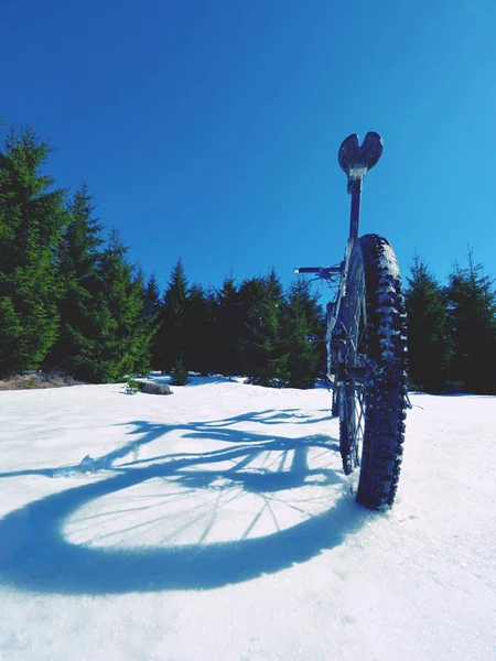Rower Górski Nocleg Śniegu Ostre Słońce Błękitne Niebo Eksploatacji Roweru — Zdjęcie stockowe