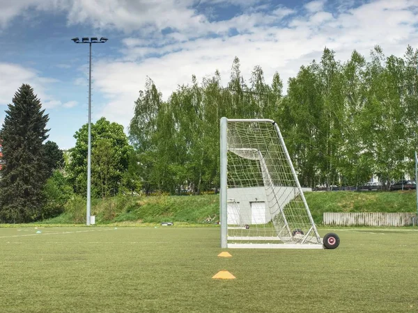 Campo Futebol Com Marcas Brancas Textura Grama Verde Campo Futebol — Fotografia de Stock