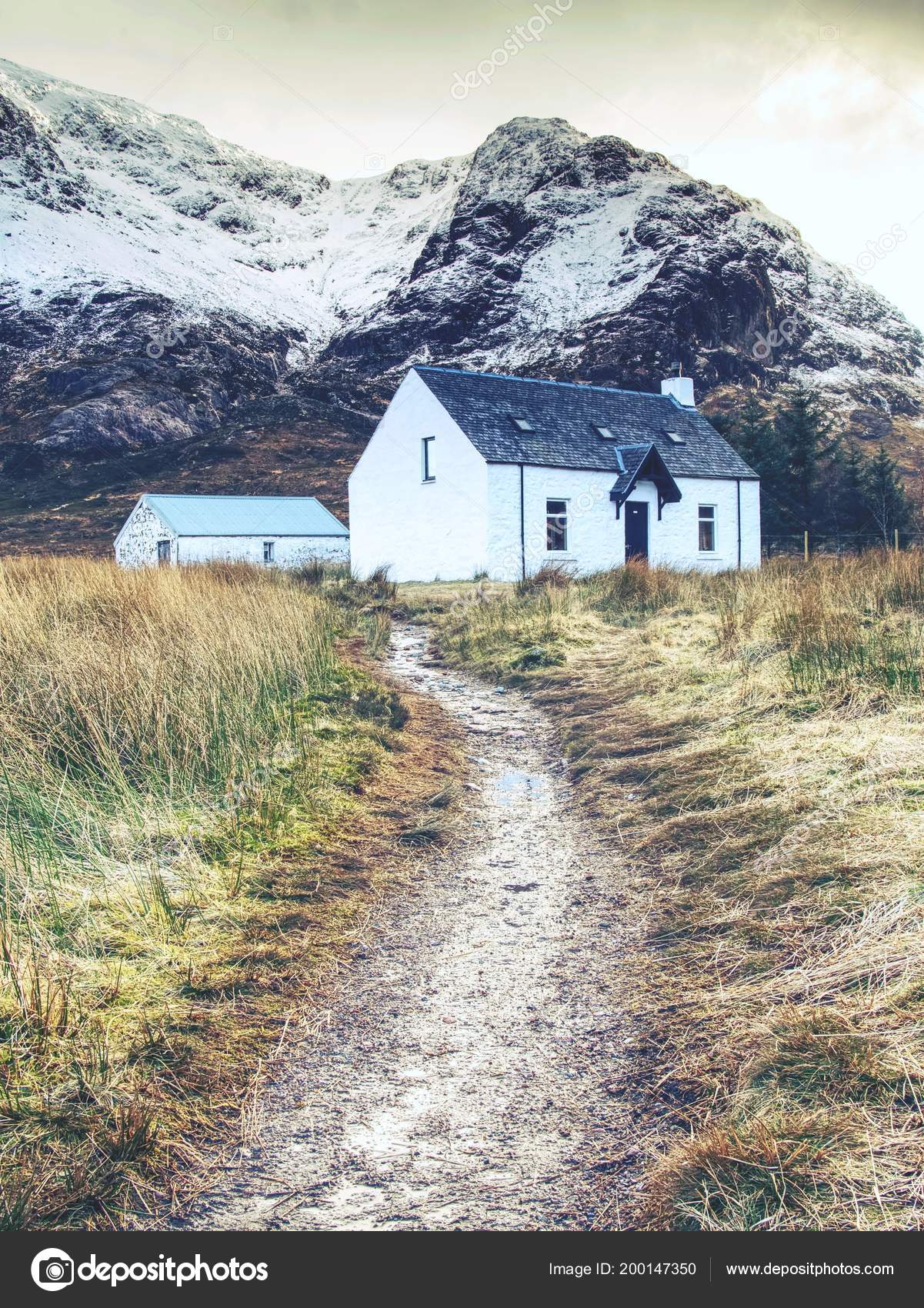 White Cottage Snowy Glencoe Scottish Highlands Cold Sunny Morning