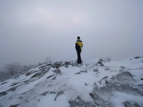 Paisaje Brumoso Invierno Turista Con Ropa Abrigo Permanecer Niebla Pesada —  Fotos de Stock