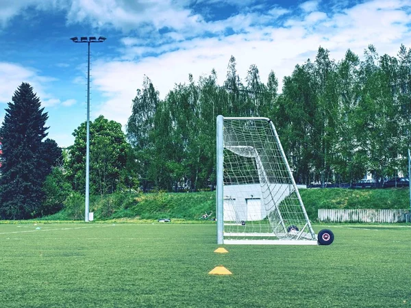 Objetivo Futebol Verão Portão Treinamento Vazio Para Fotbal Clássico Parque — Fotografia de Stock