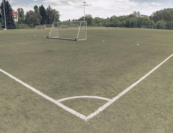 Rincón Del Campo Juego Textura Hierba Verde Fútbol Campo Fútbol —  Fotos de Stock