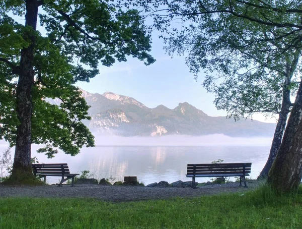 Empty Bench Lake Beach Magnificent Lake South Bavaria Germany Concept — Stock Photo, Image
