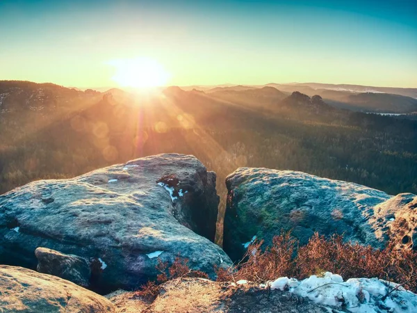 Morning View Sandstone Formation Misty Valley Fantastic Dreamy Sunrise Top — Stock Photo, Image