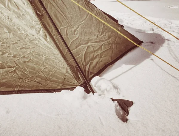 Detalj Tält Nylonband Förankrade Snö Camping Vilda Naturen Parkerar Tidigt — Stockfoto