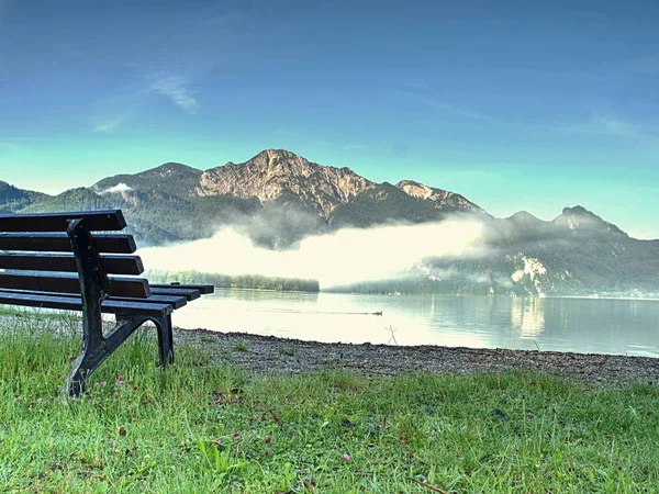 Bench Tree Lake Shore Mountains Background Take Rest Blue Green — Stock Photo, Image