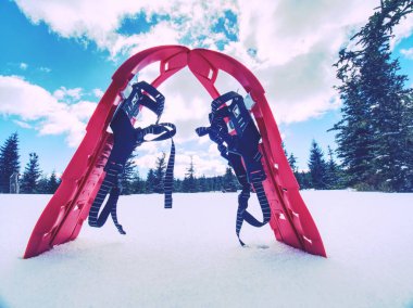 Yumuşak karda dağlarda yürüyüş için kar ayakkabıları. Kış spor etkinlik kavramı.
