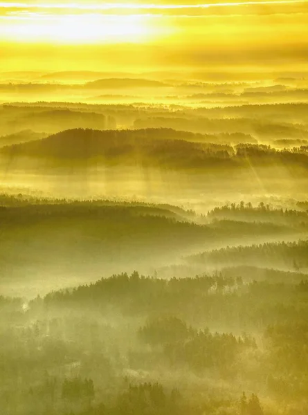 Golden mist above rounded hills in Landscape. Outline of real landscape in morning golden light.
