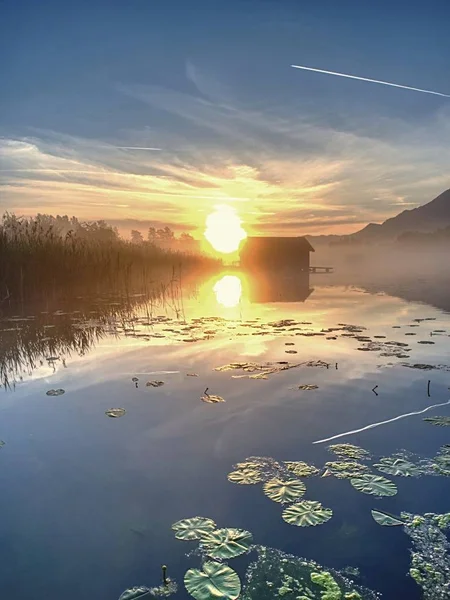 Romantic Sunrise Reflection Lake Kochelsee Boathouses Early Summer Morning View — Stock Photo, Image