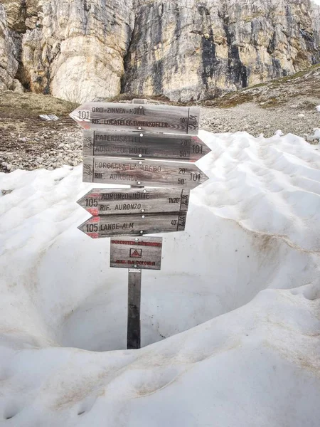 Träskylt Trekking Bana Bergskedjan Dolomiterna Tre Cime Lavaredo Tur — Stockfoto