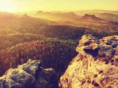Sonbahar manzara. Yukarıda dağlık manzara renkli sabah sis. Saksonya İsviçre'nin güzel vadi içine puslu görünümü. 