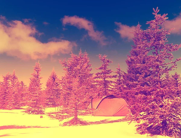 Winter view from camping  tent entrance out to snowy landscape. Travel Lifestyle concept,.  Hipster filter.