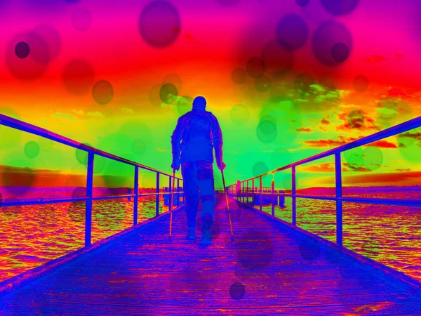 Hurt Man Pier Sunrise Wharf Construction Sea Follow Sun Hipster — Stock Photo, Image