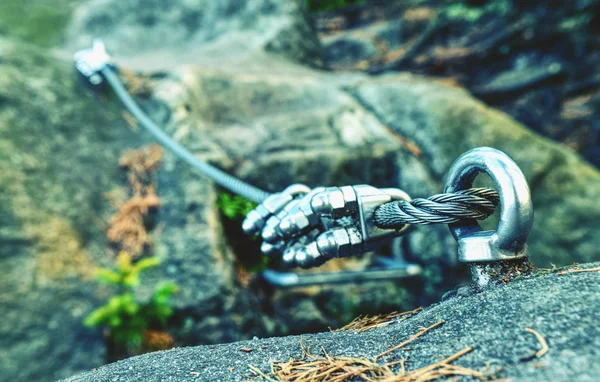 Steel Fixed Rope Ferrata Climbing Carabiner Attached Sandstone Cliff Rock — Stock Photo, Image