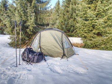 Kar ve ağaçlar arasında hafif turist çadır. Kış için karlı dağların üzerinden katılın. Kış akialpinism iz.