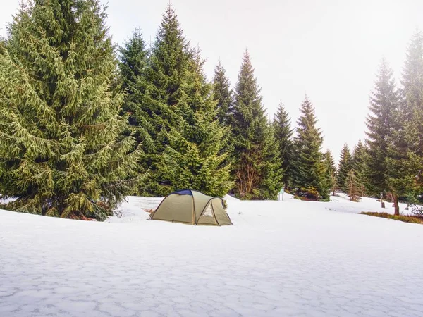 Acampamento Inverno Junto Lago Inverno Entardecer Aventura Inverno Com Oversleeping — Fotografia de Stock