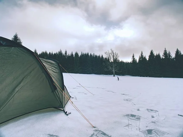 Acampamento Inverno Junto Lago Inverno Entardecer Aventura Inverno Com Oversleeping — Fotografia de Stock