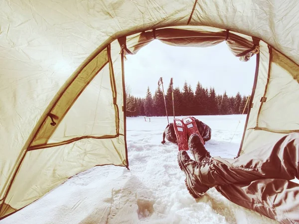 Man Set Snowshoes Trekking Sticks Walk Light Tent Set Mountains — Stock Photo, Image