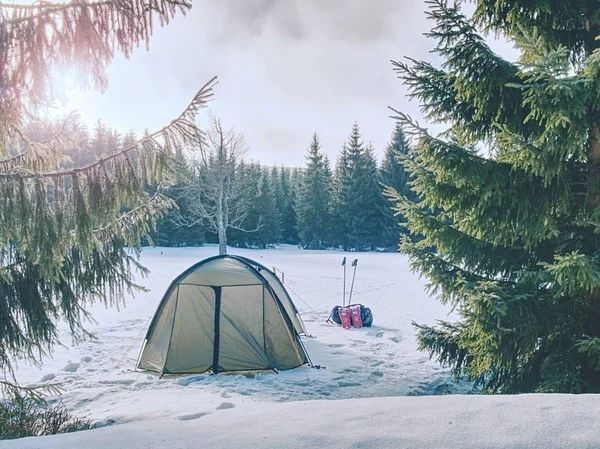 Camping Śniegu Namiot Zbudowany Puszystym Śniegu Spędził Kilka Dni Trek — Zdjęcie stockowe