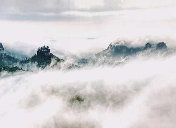 Fantástico Amanecer Ensueño Las Montañas Con Vista Valle Brumoso Abajo —  Fotos de Stock
