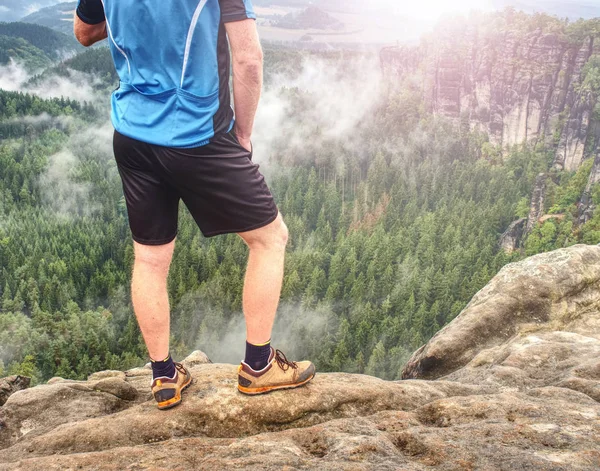 İçinde hiking uzun yürüyüşe çıkan kimse bacaklar doğa düşmek. Adam sakin ol dağda top ve manzarasının tadını çıkarın. Feets trekking Ayakkabı ve kısa pantolon çalıştıran bacak 
