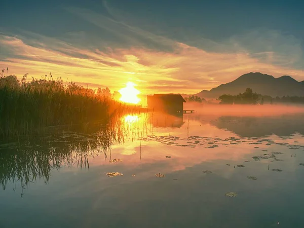 Romantic Sunrise Reflection Lake Kochelsee Boathouses Early Summer Morning View — Stock Photo, Image