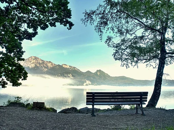Bench under a tree on a lake shore. Mountains at background. Take a rest near blue green lake.  Beautiful mystical lake.