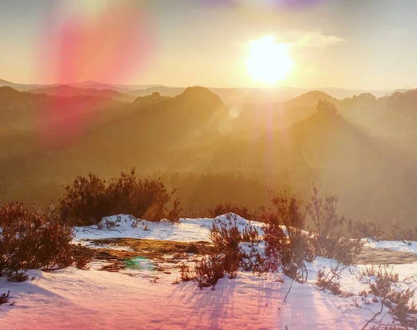 Första Pulvret Snötäcke Sandsten Klippor Ovan Valley Park Tung Dimma — Stockfoto