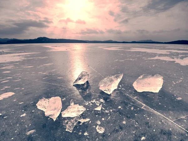 Buz Parçaları Ile Pembe Mavi Gölgeler Donmuş Denizde Akşam Kutup — Stok fotoğraf