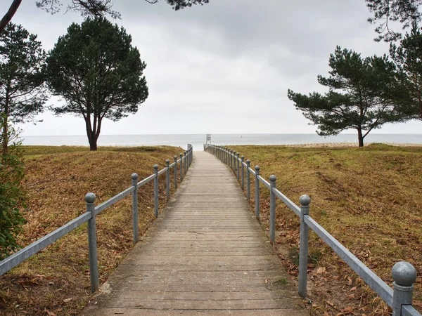 Wooden path through the sand dunes to beach wooden mole or bridge