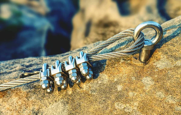 Ferrata Steel Rope Rock Detail Steel Chrome Anchores Rock Hold — Stock Photo, Image