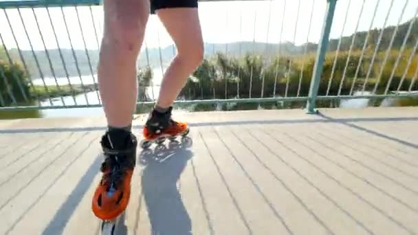 Close Inline Roller Skater Legs Skating Hard Shell Tech Skates — Stock Video