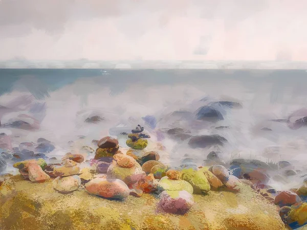 Ελαιογραφία Ισορροπημένη Πέτρα Στοίβες Στην Ακτή Ομαλή Νερό Της Στάθμης — Φωτογραφία Αρχείου