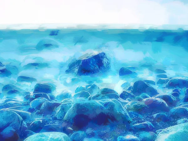 油画效果 海的海岸 在海岸线上的石头 蓝色无声水 — 图库照片