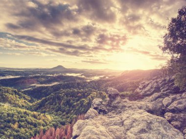 Yaz puslu manzara. Bohem-Saxony İsviçre'nin güzel dağlık manzara sabahın erken saatlerinde. Hills doruklarına ağır krem sis arttı
