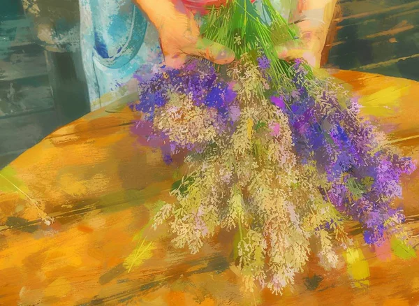 Ελαιογραφία Όμορφη Μυρωδιά Βιολετί Άγρια Λεβάντα Ανθοδέσμη Στο Χέρι Ψαλίδια — Φωτογραφία Αρχείου