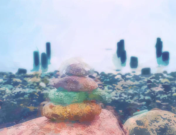 Ελαιογραφία Ισορροπημένη Πέτρα Στοίβες Στην Ακτή Ομαλή Νερό Της Στάθμης — Φωτογραφία Αρχείου
